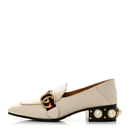 Gucci Betis Glamour Calfskin Web Pearl Embellished Peyton 35mm Loafer Pumps 37 Mystic White 1 of 8