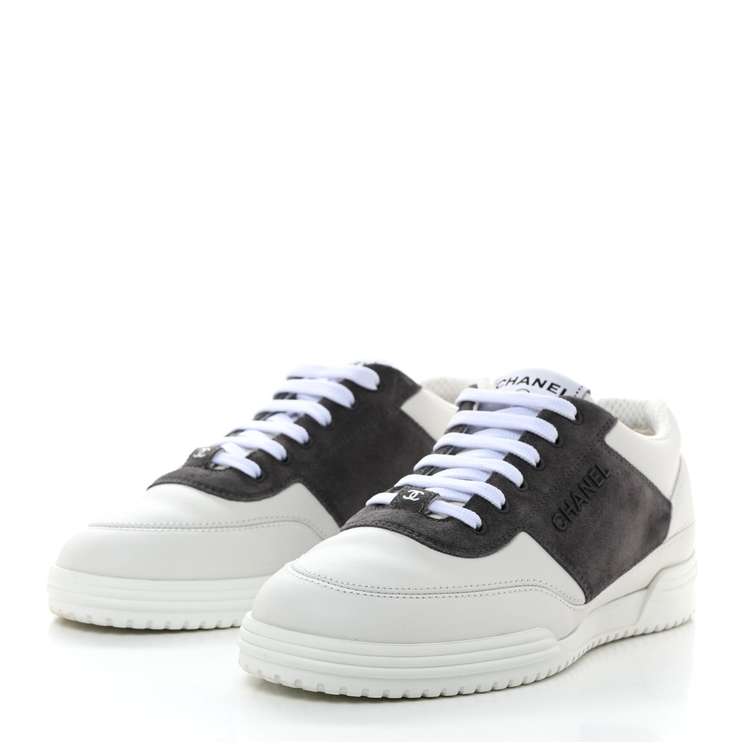 Chanel Calfskin Suede Calfskin Logo Womens Sneakers 37.5 White Gray 3 of 9