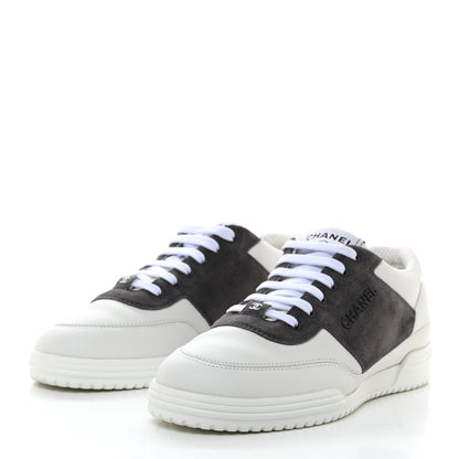 Chanel Calfskin Suede Calfskin Logo Womens Sneakers 37.5 White Gray 3 of 9