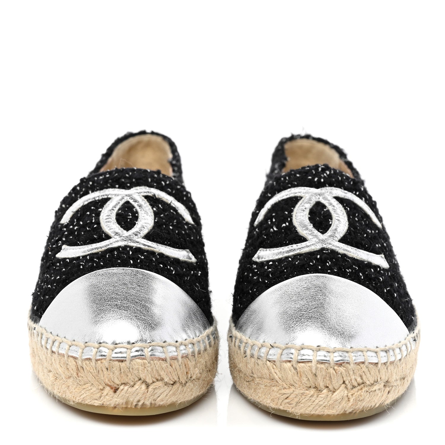 Chanel Metallic Lambskin Tweed CC Espadrilles 39 Black Silver 2 of 9
