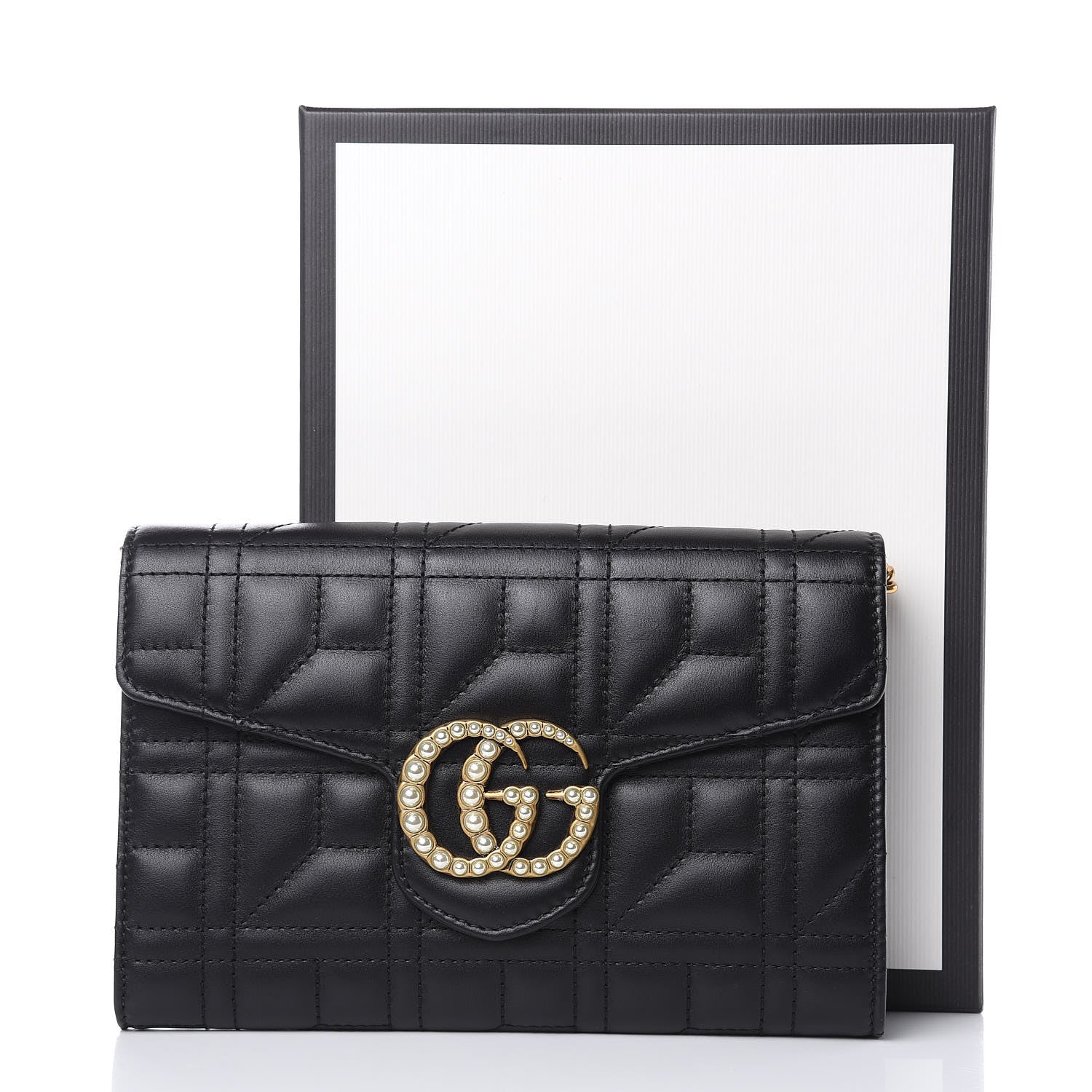 Gucci Calfskin Matelasse Mini Pearly GG Marmont Chain Wallet Black 9 of 9