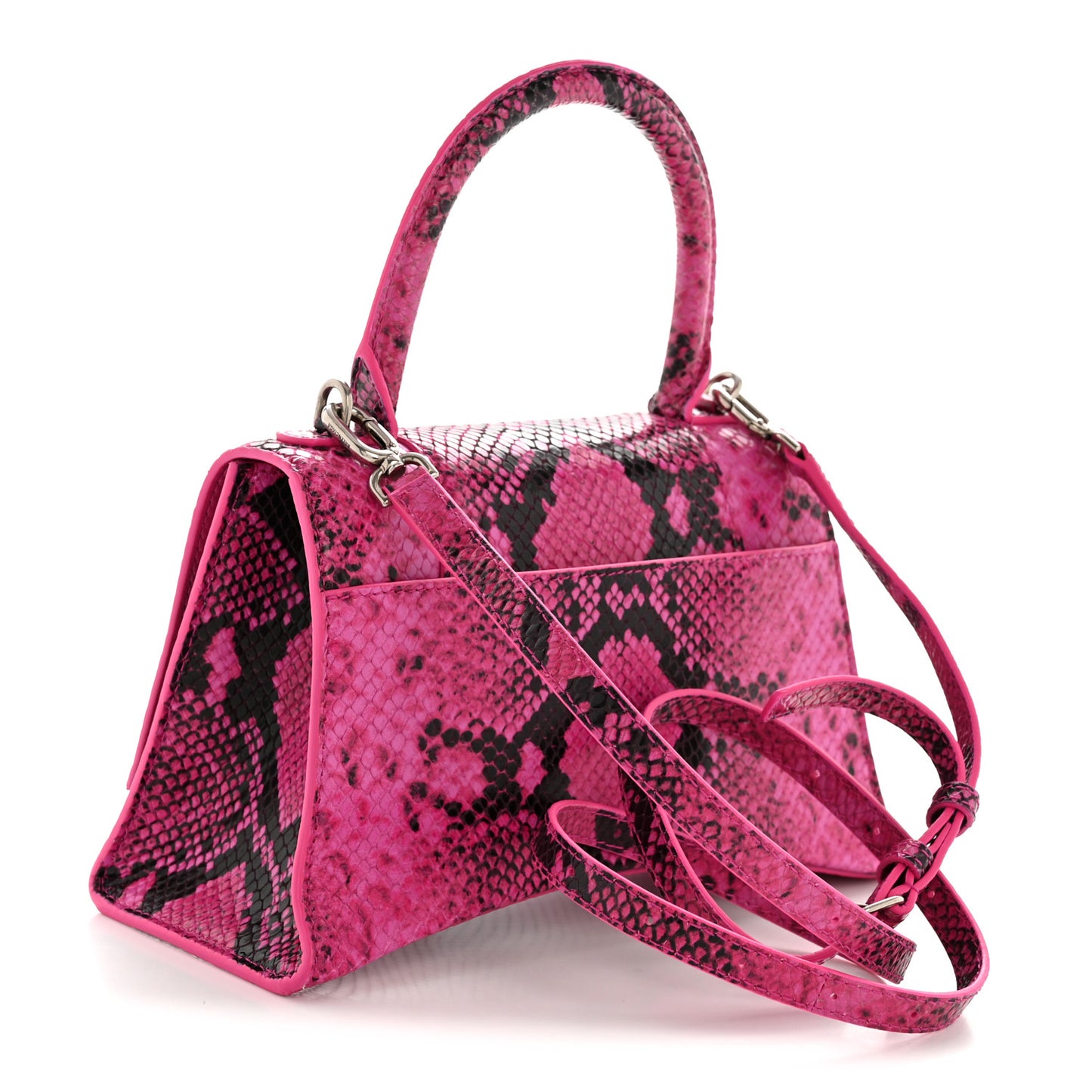 Shiny Calfskin Python Effect Small Hourglass Top Handle Bag Fuchsia Black