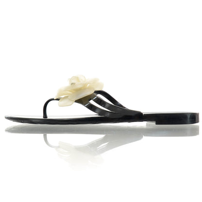 Chanel Jelly Camellia Thong Sandals 40 Black Ivory 1 of 7