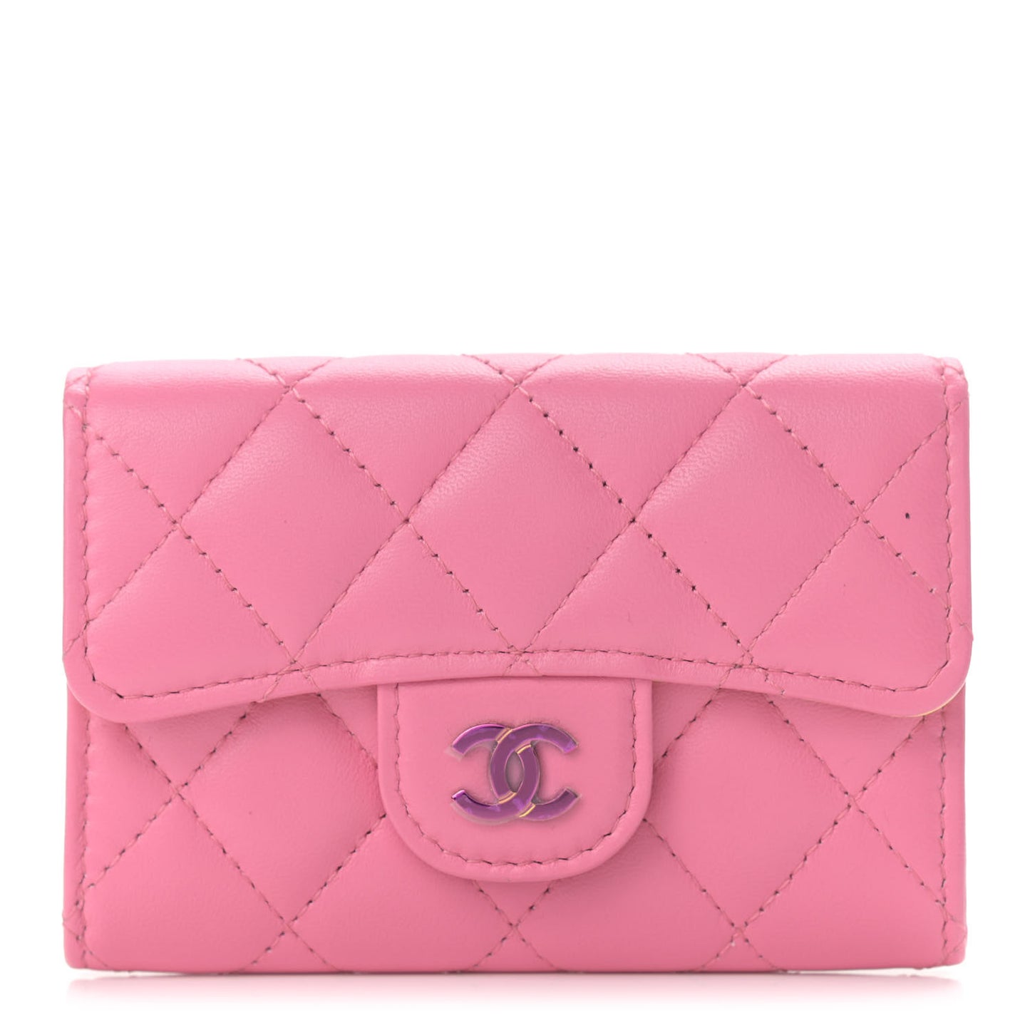 Lambskin Quilted Flap Card Holder Wallet Pink Yellow