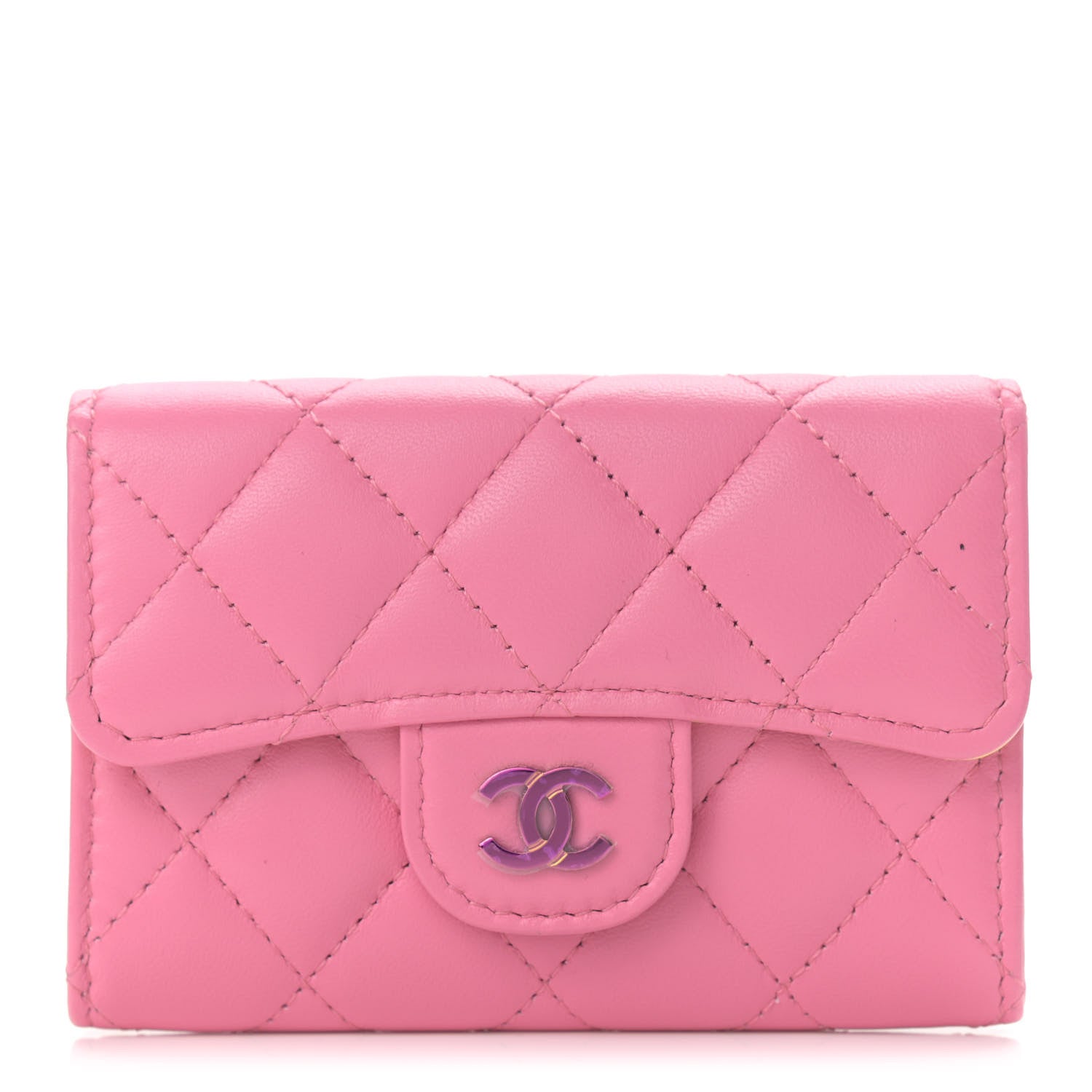Chanel Lambskin Quilted Flap Card Holder Wallet Pink Yellow 1 of 8