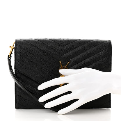 Saint Laurent Grain De Poudre Matelasse Chevron Monogram Envelope Clutch Black 2 of 8