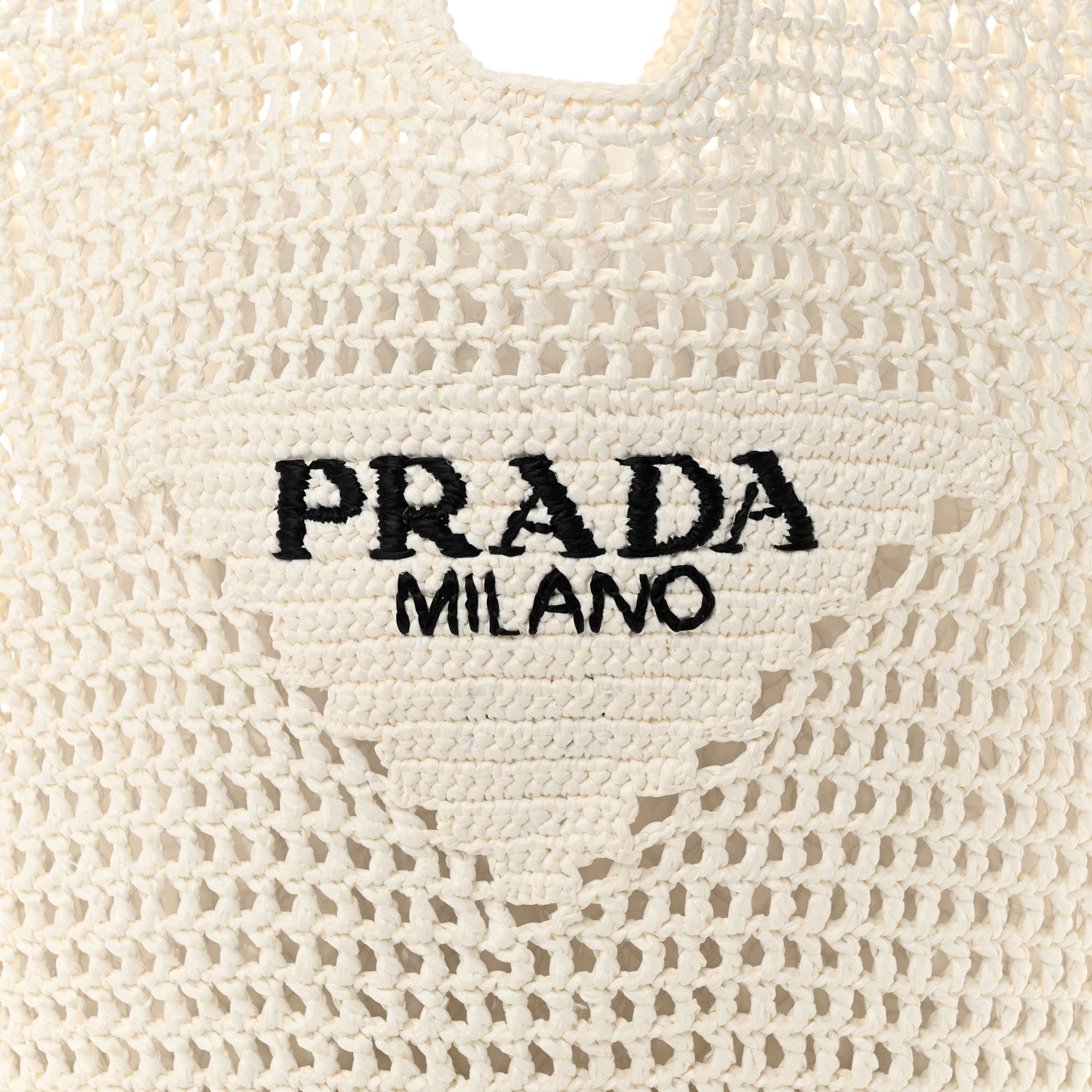 Prada Yarn Raffia Effect Crochet Logo Embroidered Shopping Tote Bag White 8 of 10