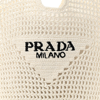 Prada Yarn Raffia Effect Crochet Logo Embroidered Shopping Tote Bag White 8 of 10