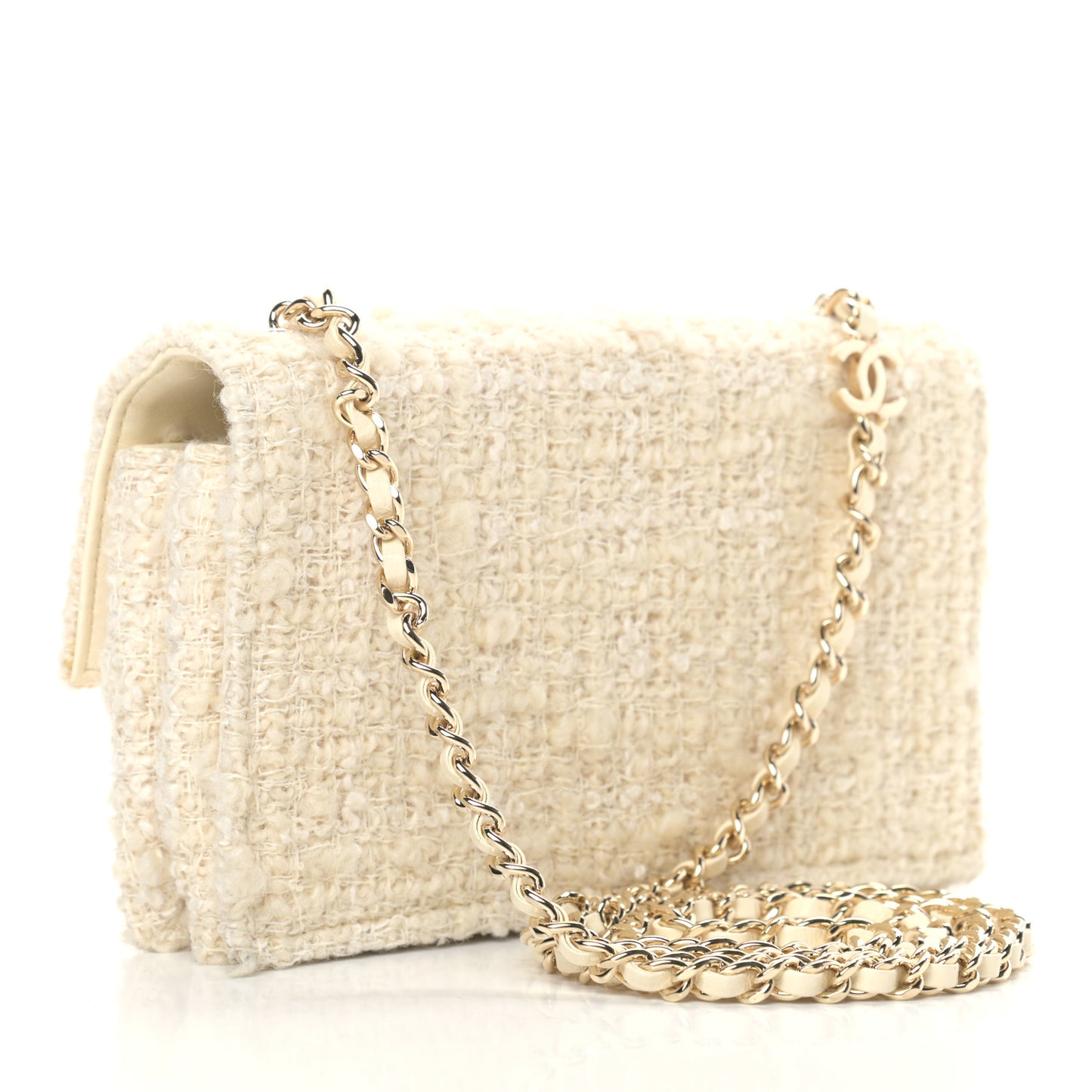 Tweed Flower Embroidered Flap Bag Ecru White