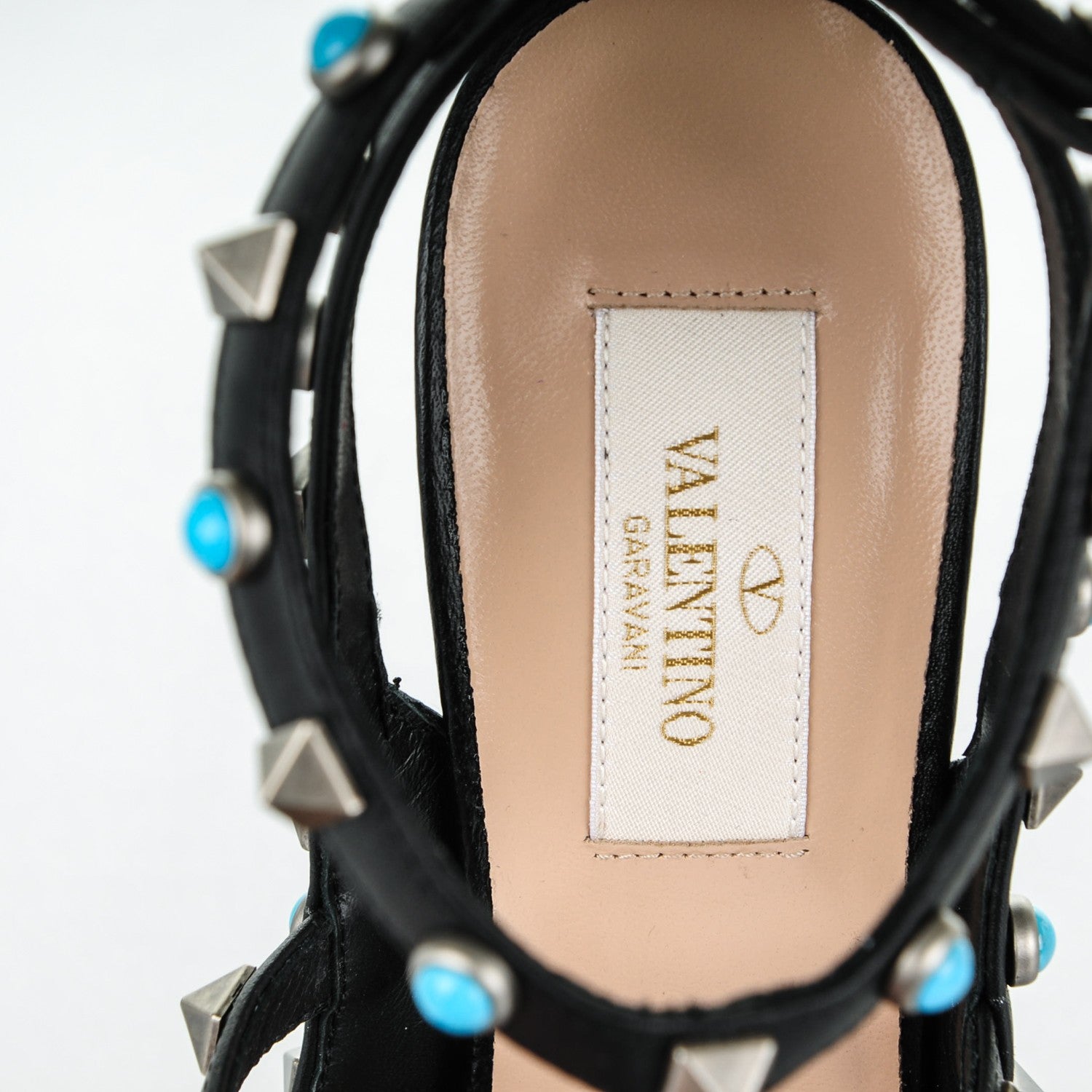 Valentino Garavani Pebbled Calfskin Turquoise Rockstud Rolling Ankle Strap 100mm Pumps 37.5 Black 7 of 7