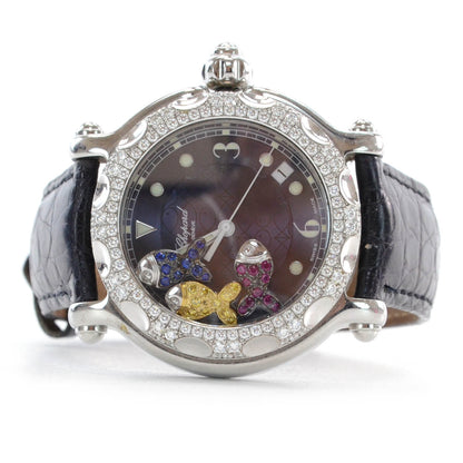 Chopard Stainless Steel Alligator Diamond Bezel Ruby Yellow Blue Sapphire 39mm Happy Sport Fish Quartz Watch Blue 1 of 7