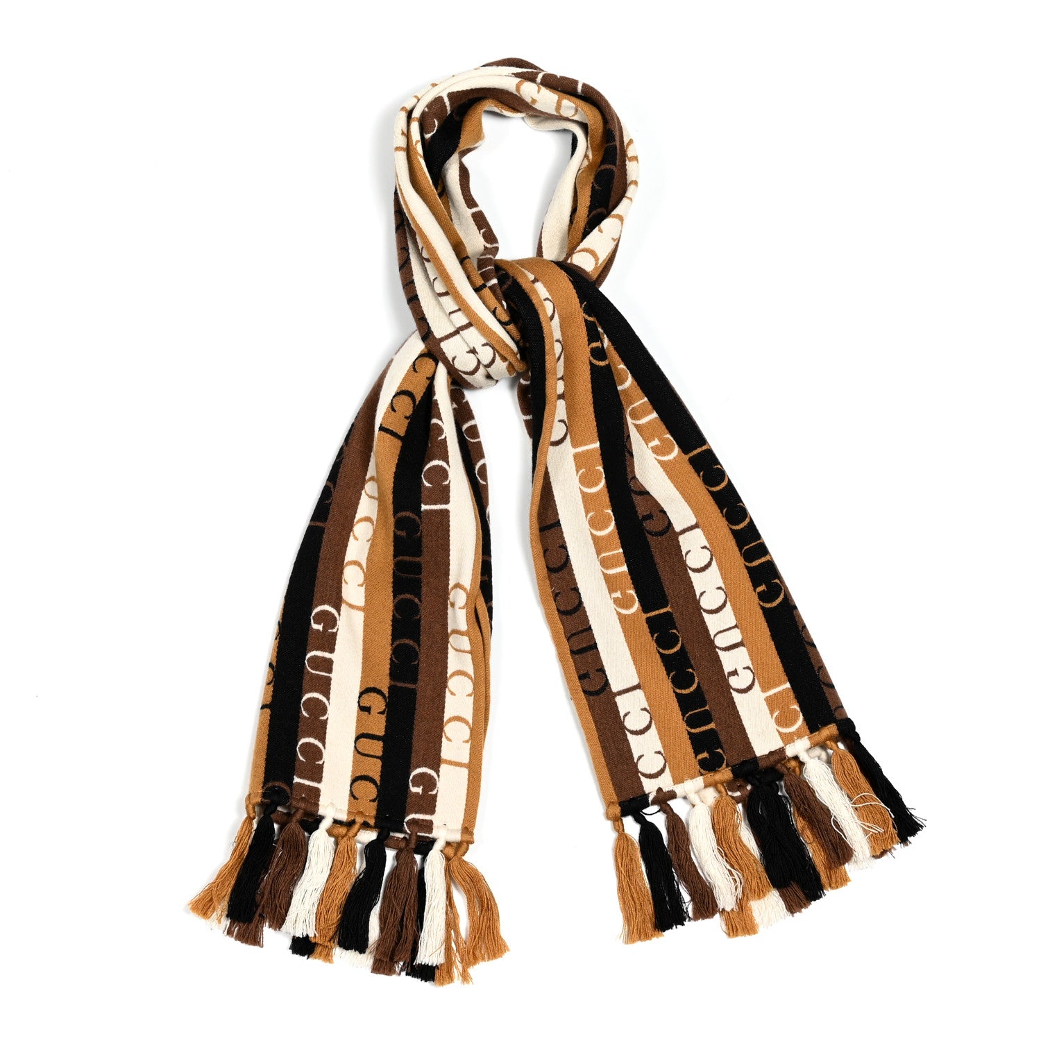 Gucci Wool Cotton Logo Wood Stripes Scarf Light Brown Dark Brown 1 of 4