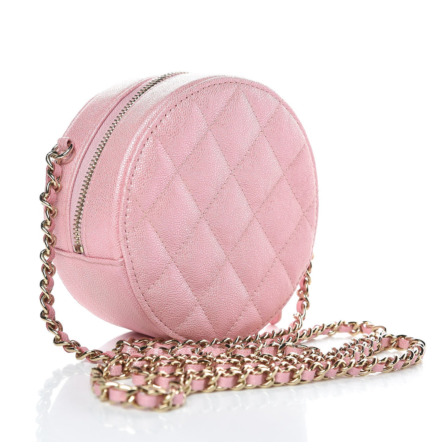 Iridescent Caviar Quilted Round Clutch With Chain Pink