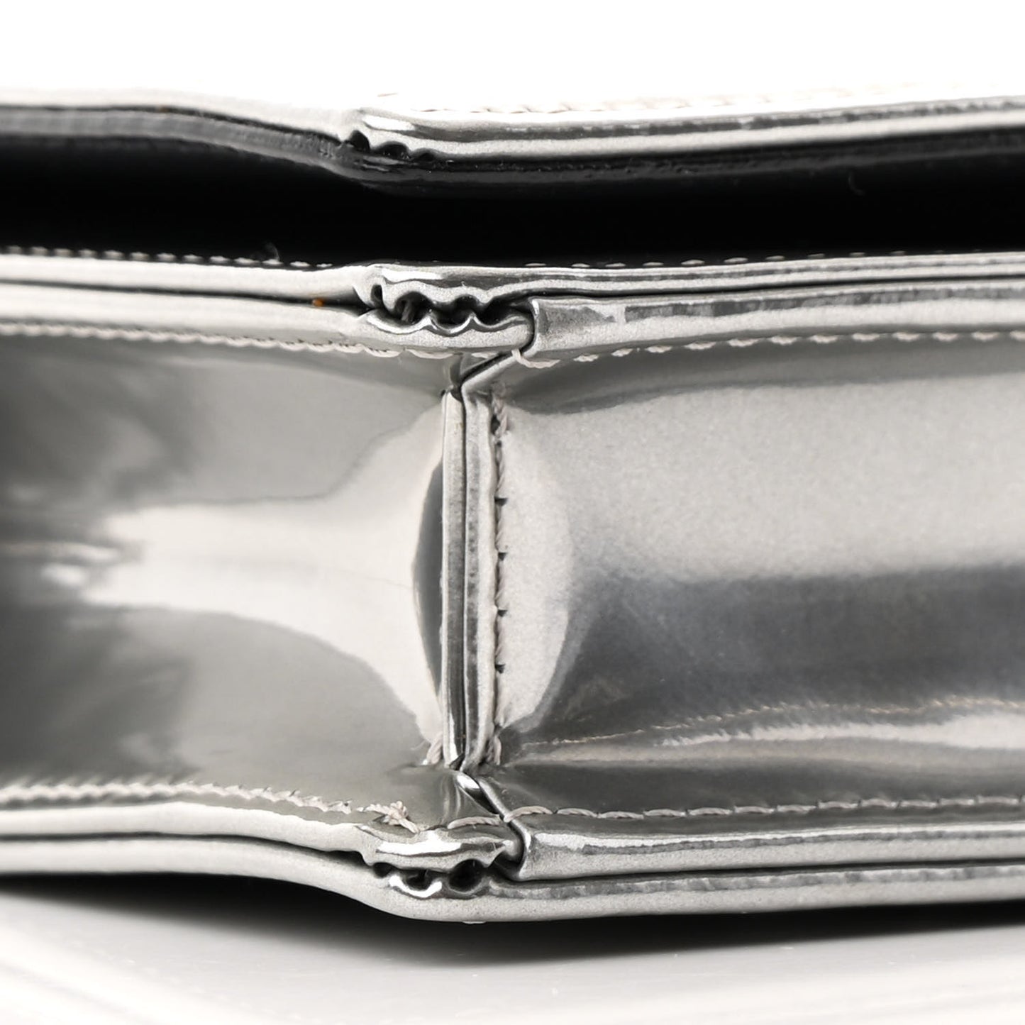 Metallic Patent Micro-Cannage Diorama Wallet on Chain Pouch Silver