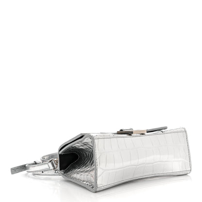 Balenciaga Metallic Calfskin Crocodile Embossed Hourglass Top Handle Bag XS Silver 4 of 12