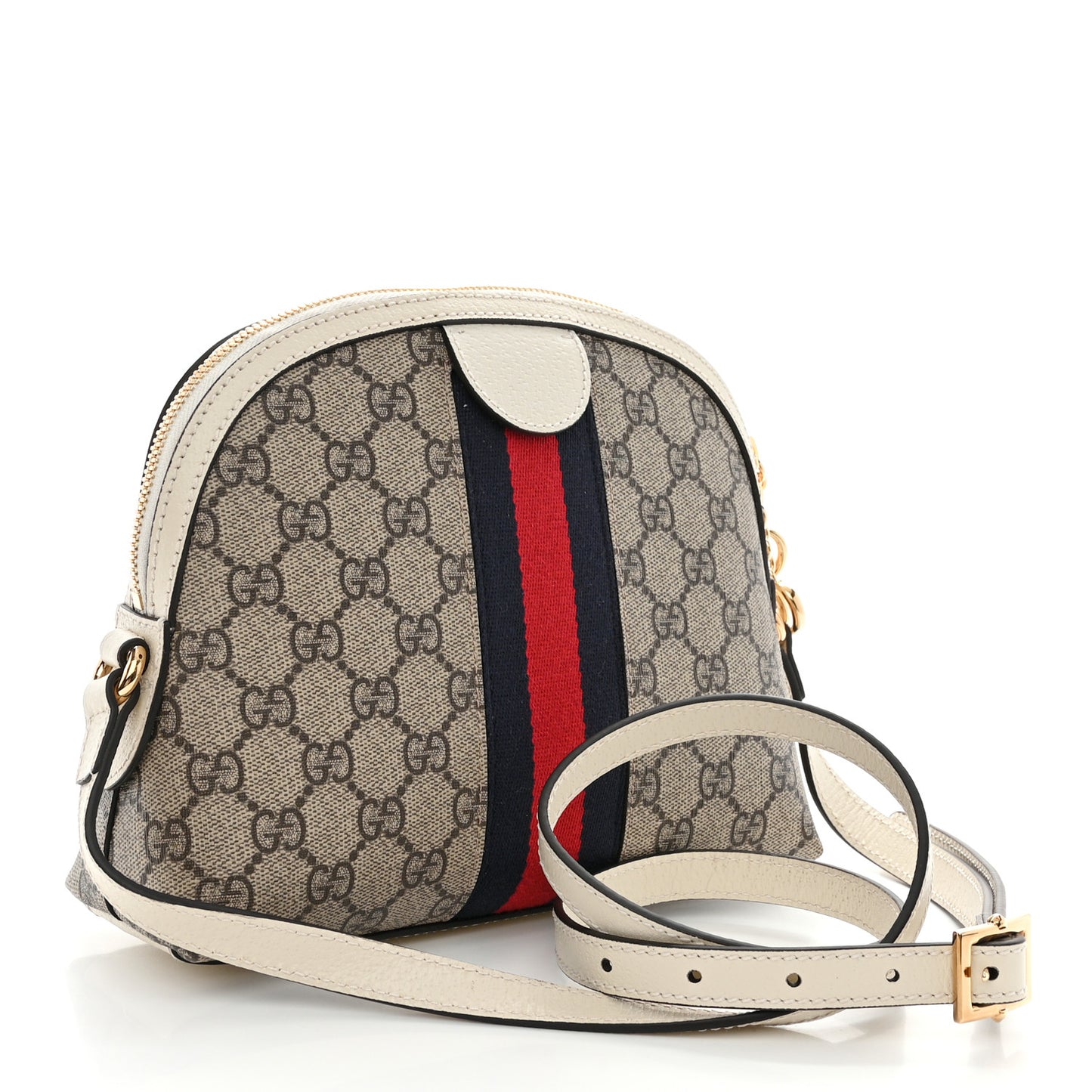 GG Supreme Monogram Textured Dollar Calfskin Web Small Ophidia Dome Shoulder Bag Beige Ebony Mystic White