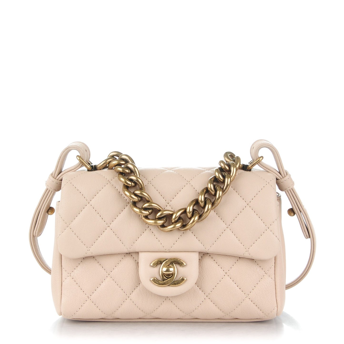 Shiny Sheepskin Quilted Mini Trapezio Flap Beige