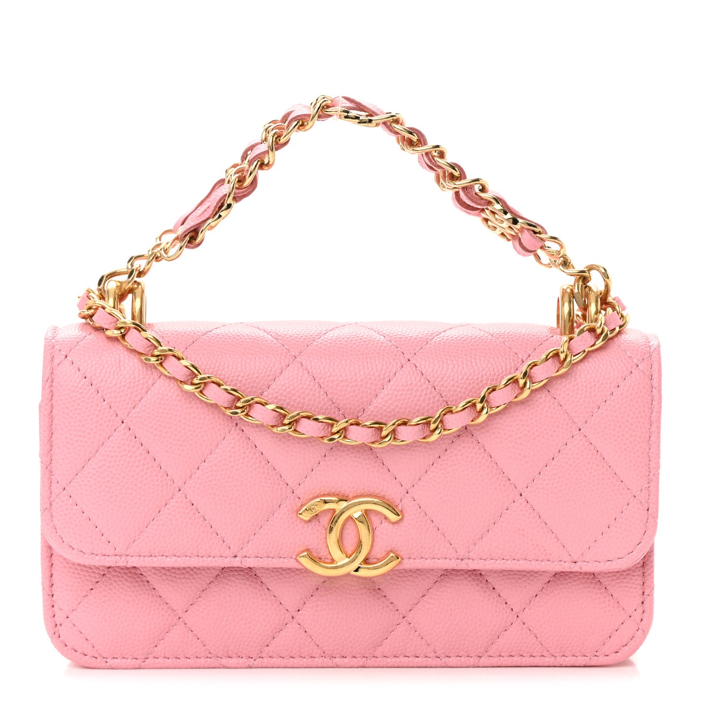 Caviar Quilted Flap Phone Holder With Chain Light Pink