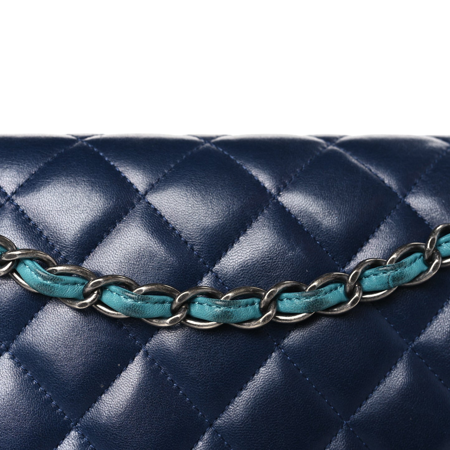 Lambskin Quilted Tri-Color Jumbo Double Flap Navy Blue Green