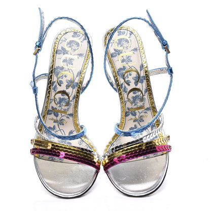 Gucci Sequin Paillette Nappa Silk Braided Haines High Heel Sandals 36.5 Fuxia Oro Vecchio Argento 6 of 9