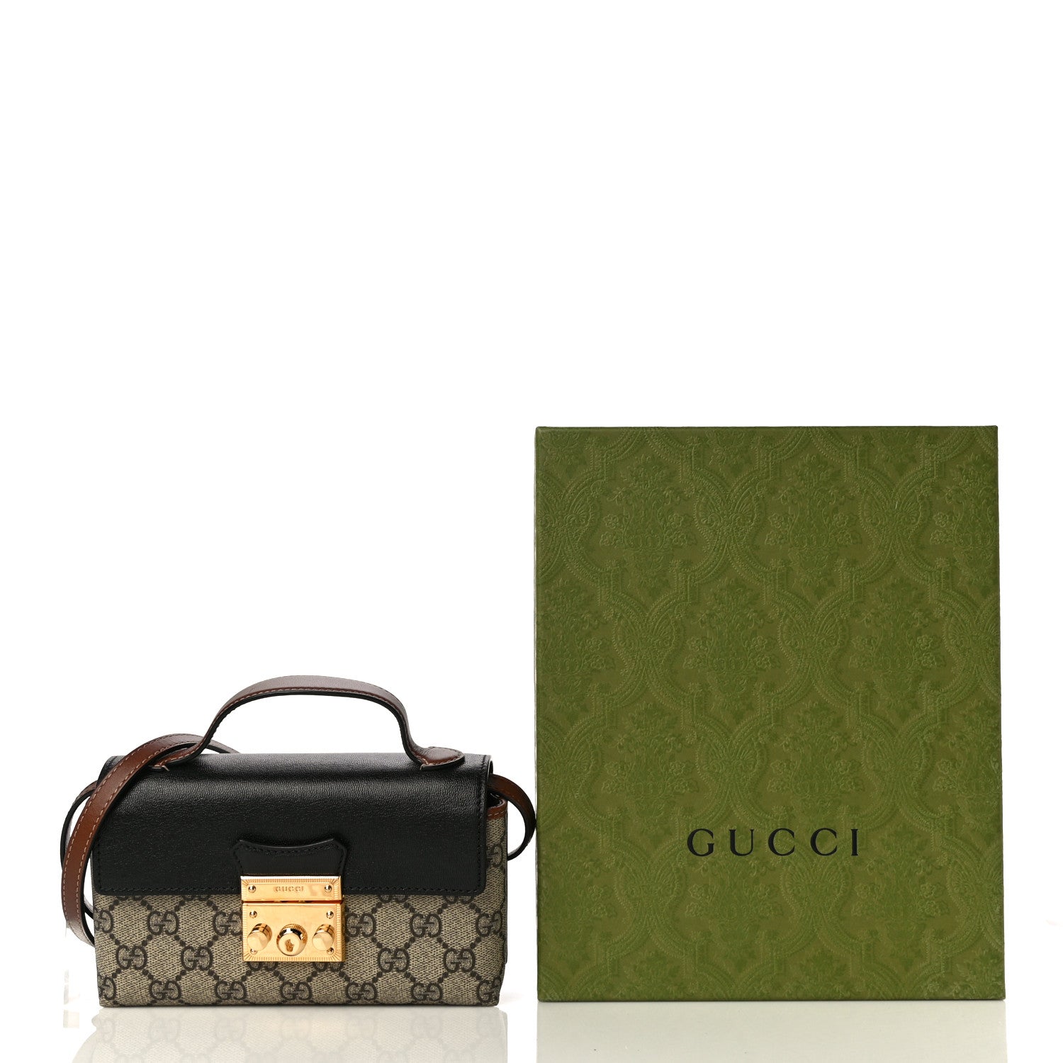 Gucci GG Supreme Monogram Calfskin Mini Padlock Top Handle Shoulder Bag Beige Black Cuir 11 of 11