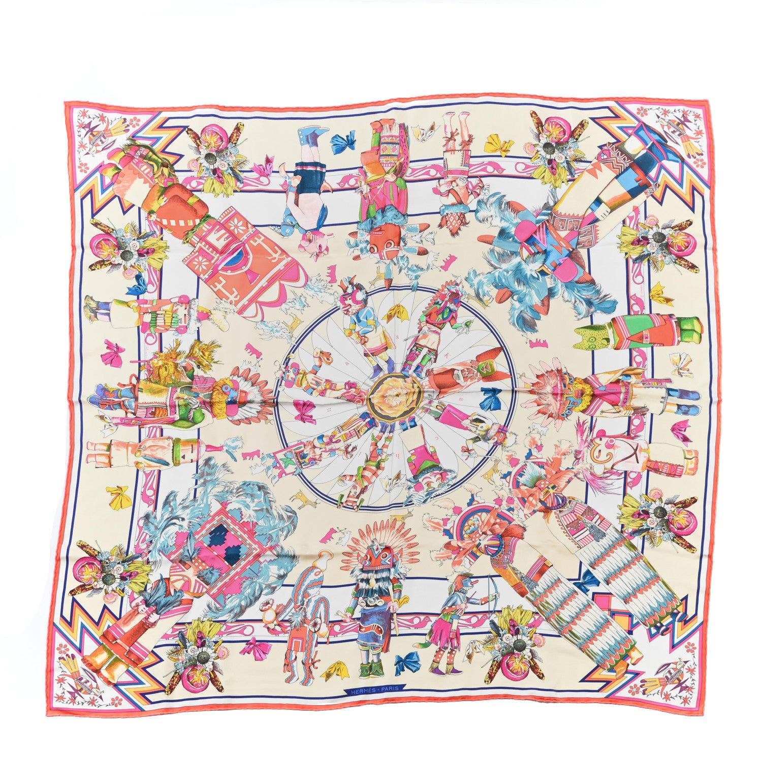 Hermes Silk Kachinas Scarf 90 Creme Rose Vif Multicolor 1 of 5