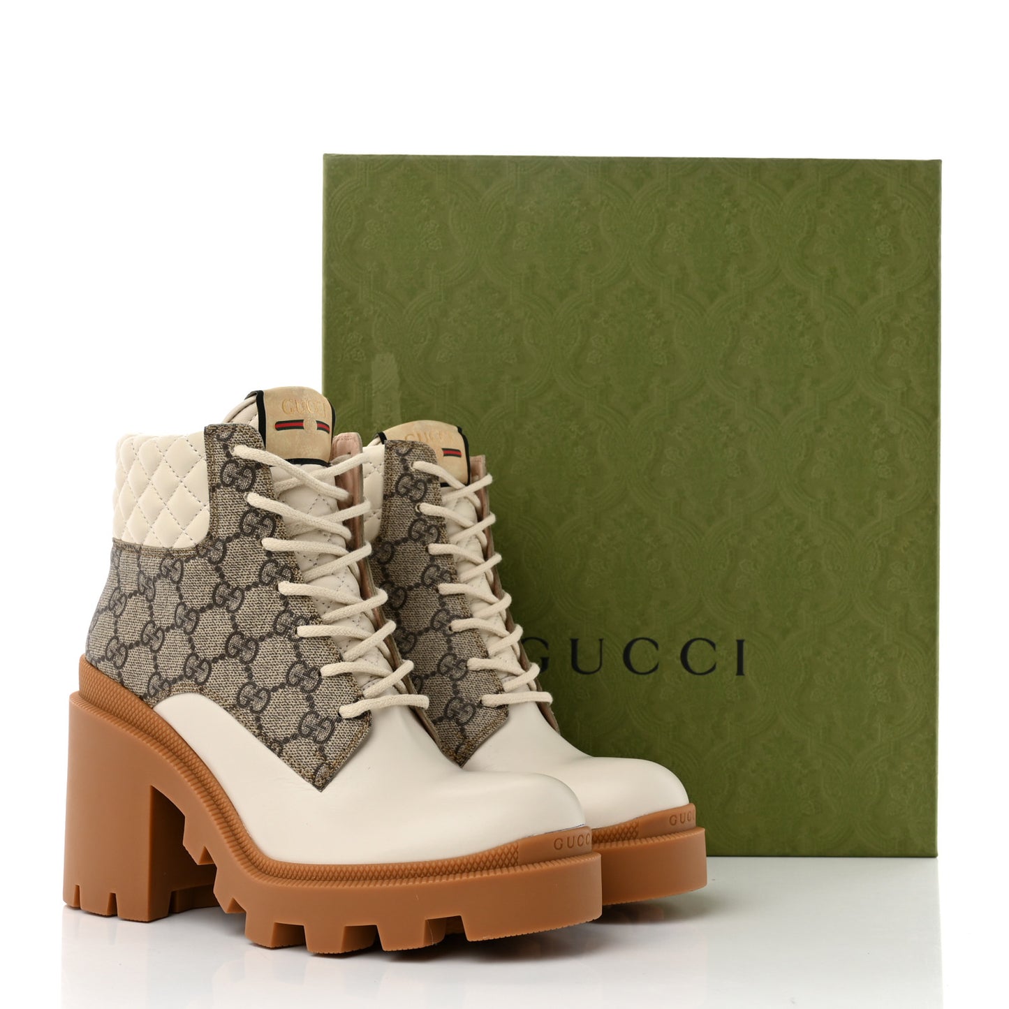 Calfskin GG Supreme Monogram Nappa Quilted Lace Up Ankle Boots 38 Mystic White Beige