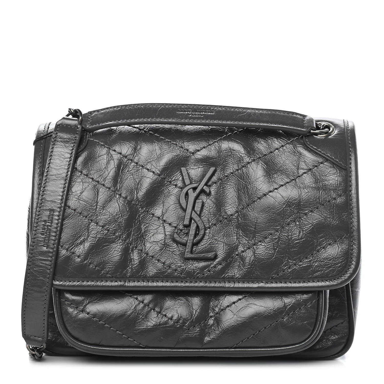 Saint Laurent Crinkled Calfskin Matelasse Monogram Baby Niki Chain Satchel Storm 1 of 8
