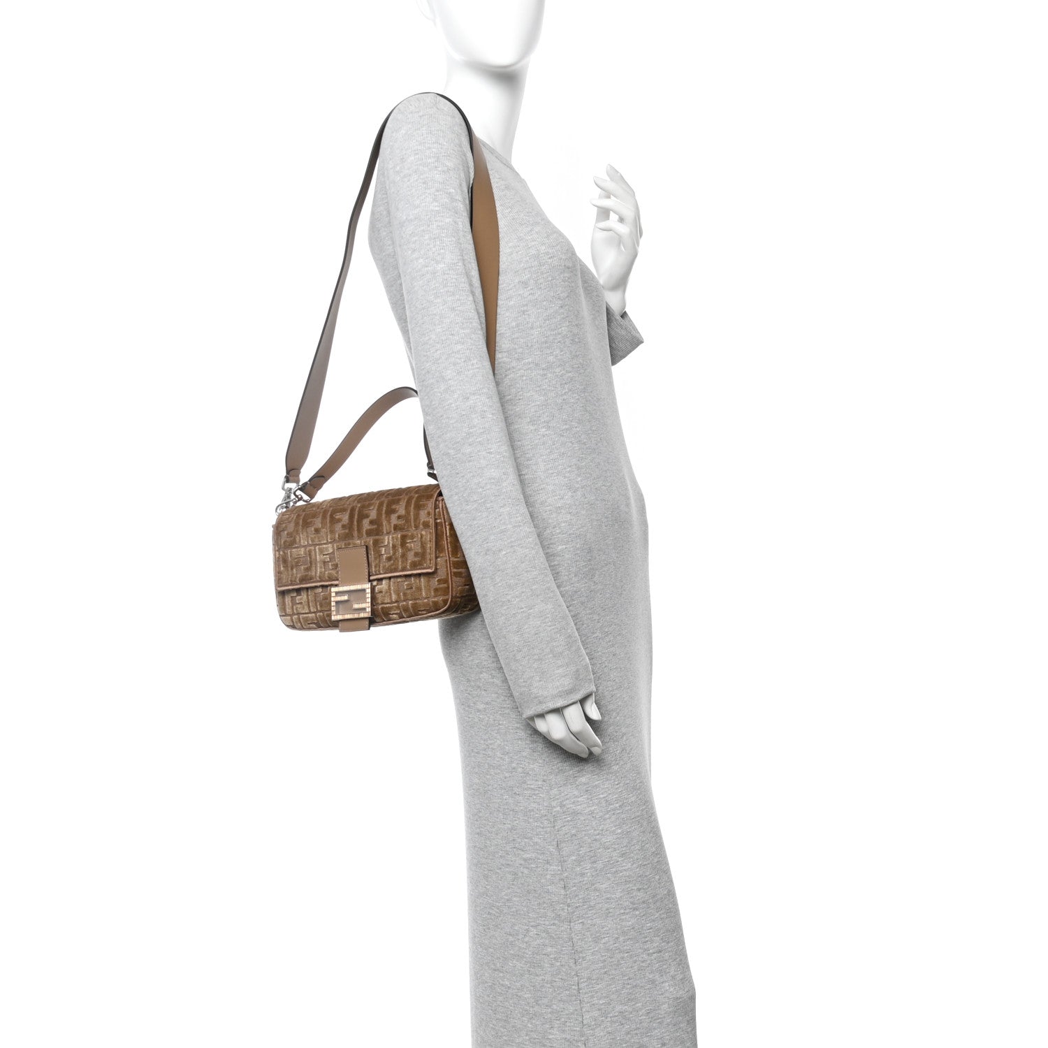 Fendi Velvet Jacquard Crystal FF Baguette Cappuccino 1826269