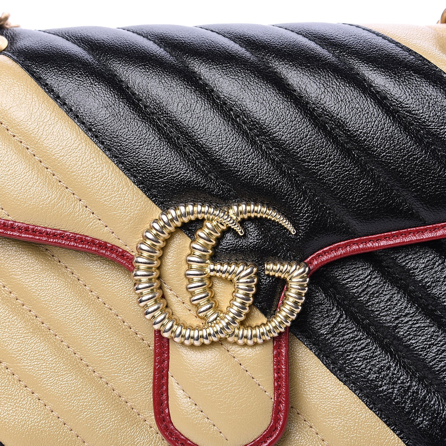 Vintage Effect Calfskin Matelasse Diagonal Striped Small Torchon GG Marmont Shoulder Bag Black Beige