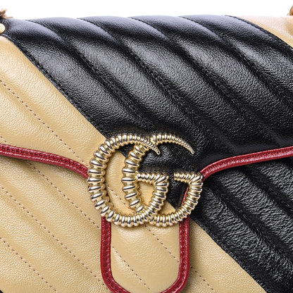 Gucci Vintage Effect Calfskin Matelasse Diagonal Striped Small Torchon GG Marmont Shoulder Bag Black Beige 7 of 7