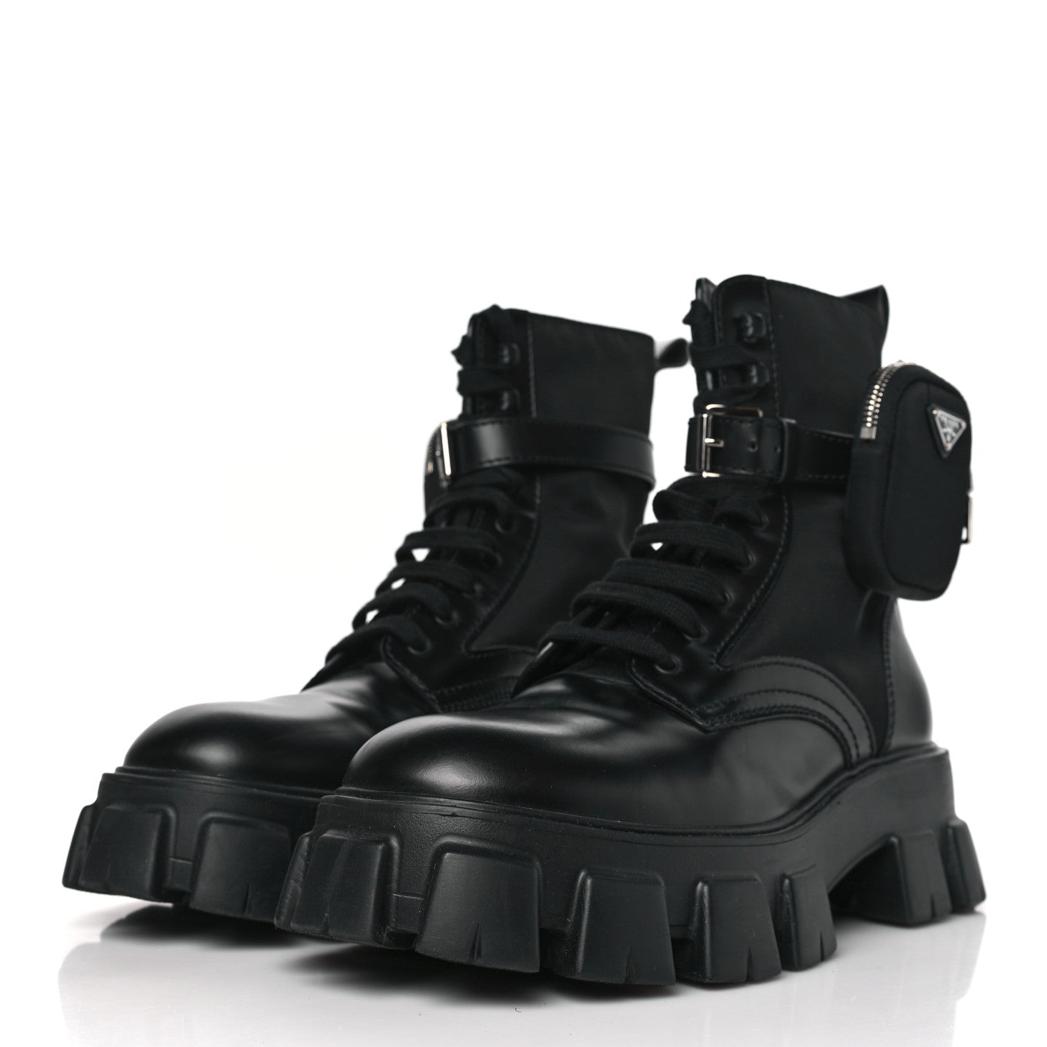 Prada Spazzolato Rois Re-Nylon Metal Triangle Logo Mens Monolith Pouch Pocket 60mm Combat Boots 10 Black 3 of 8