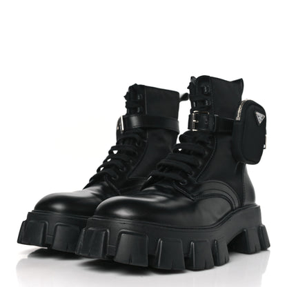Prada Spazzolato Rois Re-Nylon Metal Triangle Logo Mens Monolith Pouch Pocket 60mm Combat Boots 10 Black 3 of 8