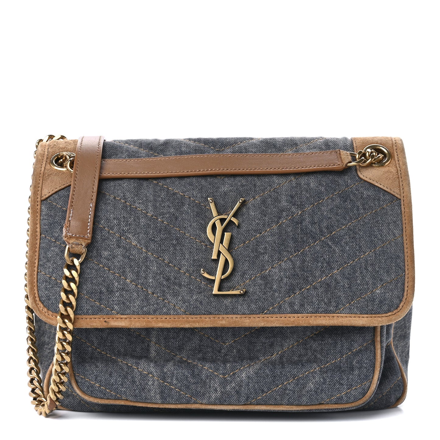 Denim Suede Monogram Medium Niki Chain Satchel Blue Cinnamon