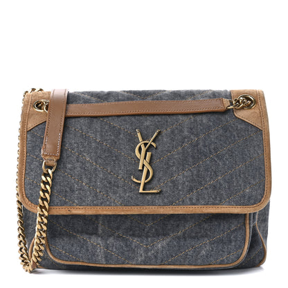 Saint Laurent Denim Suede Monogram Medium Niki Chain Satchel Blue Cinnamon 1 of 13