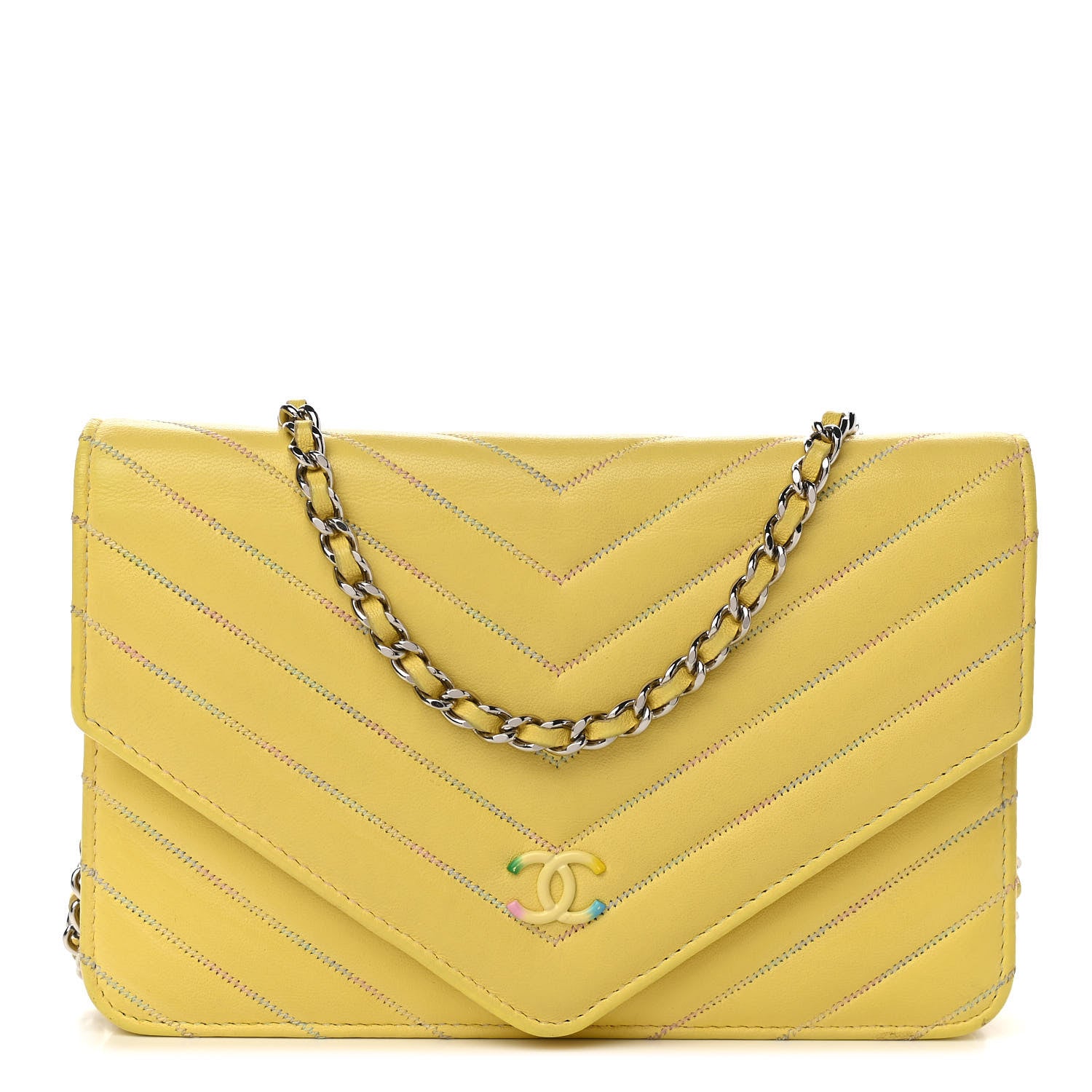 Chanel Lambskin Chevron Quilted Wallet On Chain WOC Yellow 1 of 11