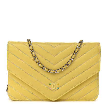 Chanel Lambskin Chevron Quilted Wallet On Chain WOC Yellow 1 of 11