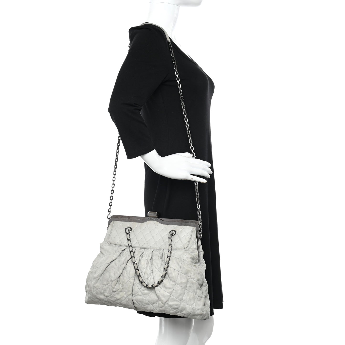 Iridescent Calfskin Chic Quilt Frame Tote Light Grey