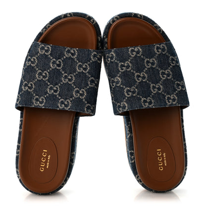 Gucci New Denim GG Monogram Angelina Platform 55mm Slide Sandals 38.5 Blue Tea 2 of 9
