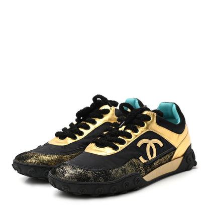 Chanel Metallic Lambskin Satin Finish Womens CC Sneakers 40.5 Black Gold 3 of 8