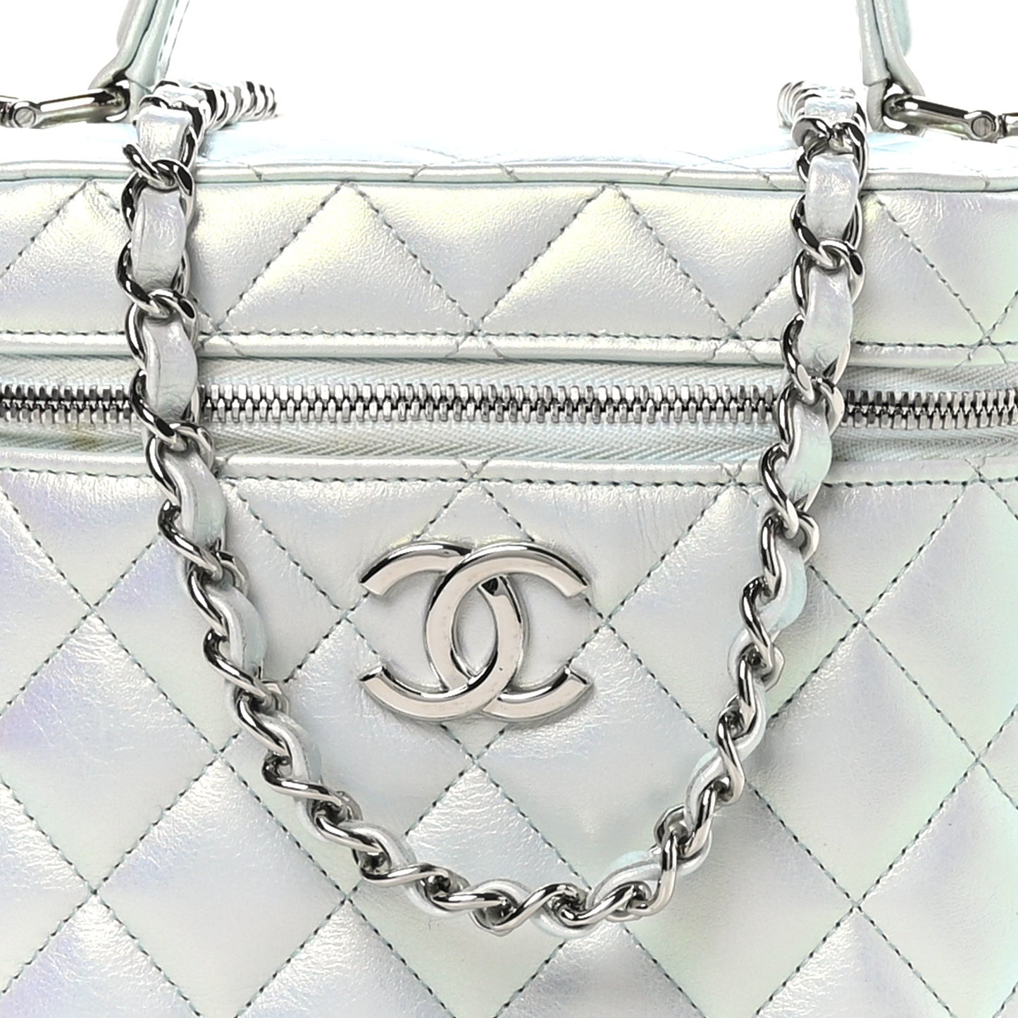 Iridescent Calfskin Quilted Small Top Handle Vanity Case With Chain Blue