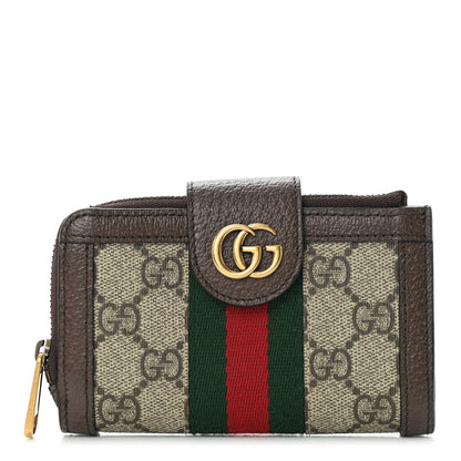 Gucci GG Supreme Monogram Textured Dollar Calfskin Web Ophidia Overlay Zip Around Card Case Wallet Beige Ebony New Acero 1 of 8