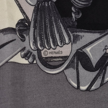Hermes Cashmere Silk L Instruction Du Roy Shawl 140 Gris Acier White Black 3 of 6