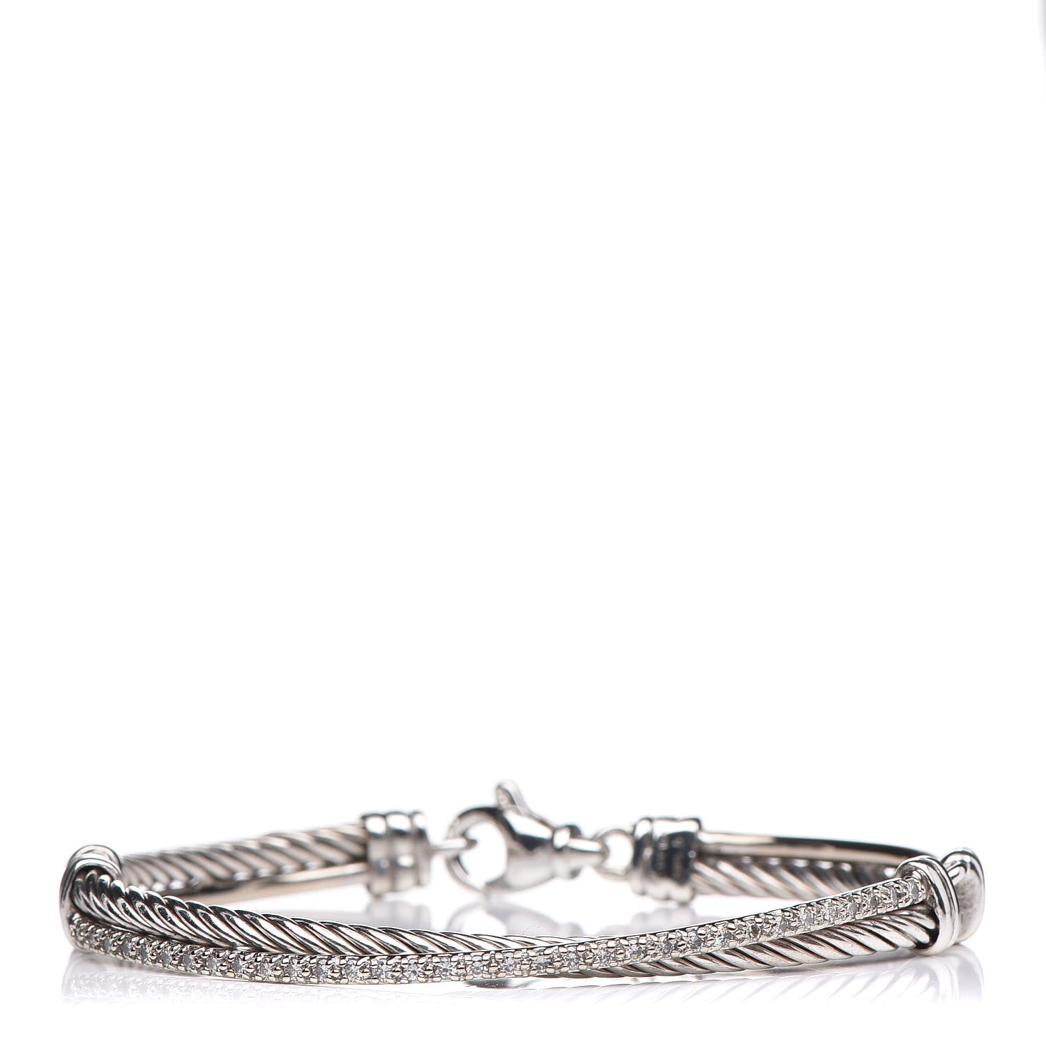 David Yurman Sterling Silver 14K White Gold Diamond 3mm Crossover Bracelet 1 of 5