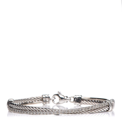 David Yurman Sterling Silver 14K White Gold Diamond 3mm Crossover Bracelet 1 of 5