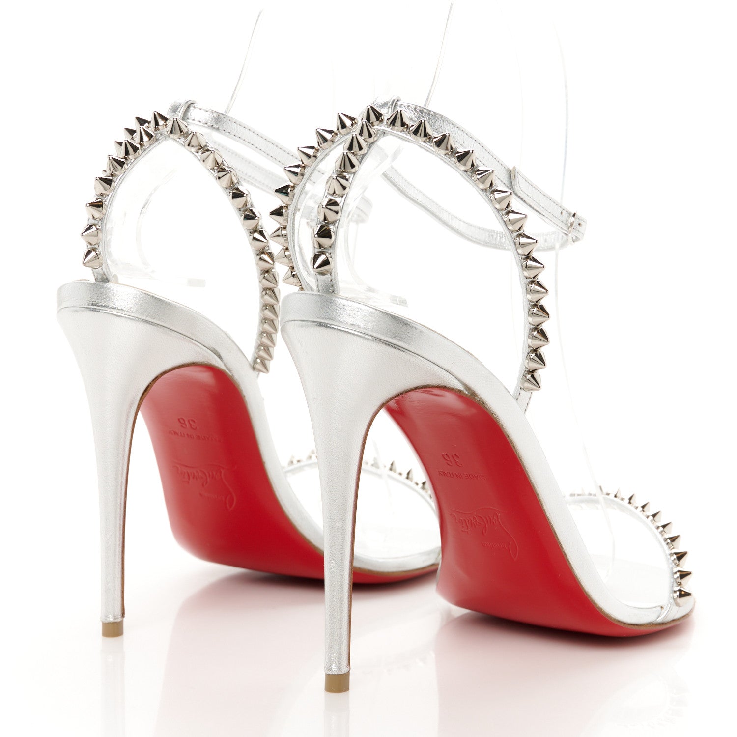 Christian Louboutin シルバー ハイヒール Christian Louboutin Metallic Kid Spiked So Me 100 Sandals 36