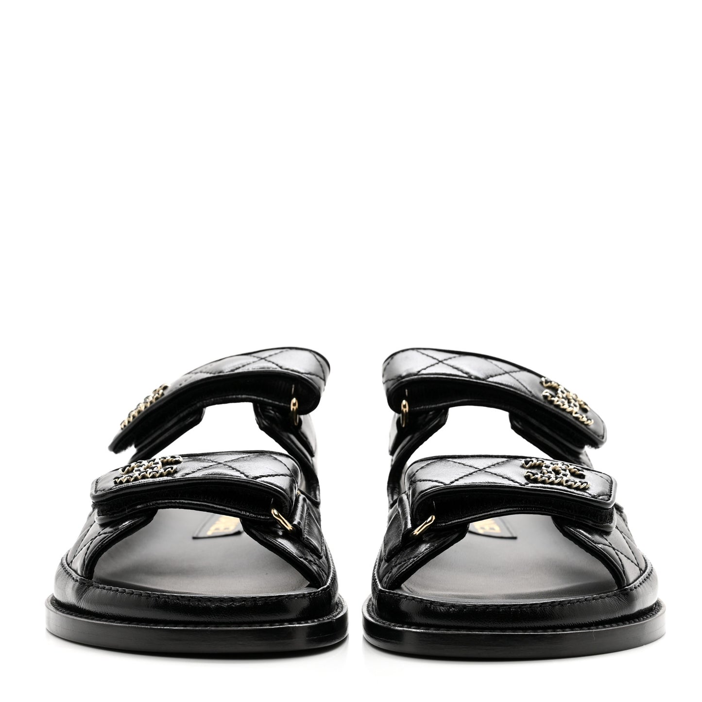 Lambskin Quilted Velcro Dad Chain CC Slide Sandals 36 Black
