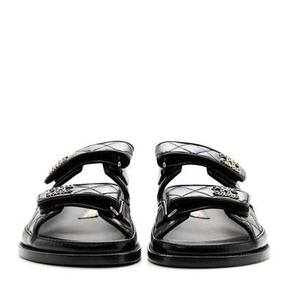 Chanel Lambskin Quilted Velcro Dad Chain CC Slide Sandals 36 Black 2 of 9