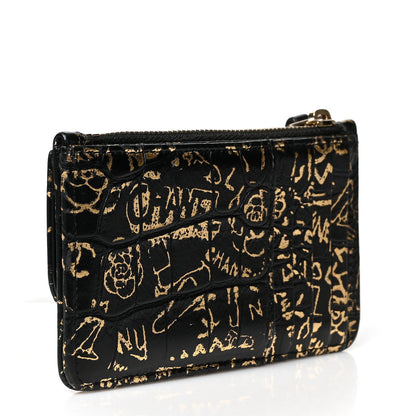 Chanel Calfskin Crocodile Embossed Graffiti Reissue Flap Zip Card Holder Black Gold 3 of 8