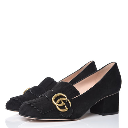 Gucci Kid Scamosciato GG Marmont Fringe 50mm Loafer Pumps 36 Black 3 of 9